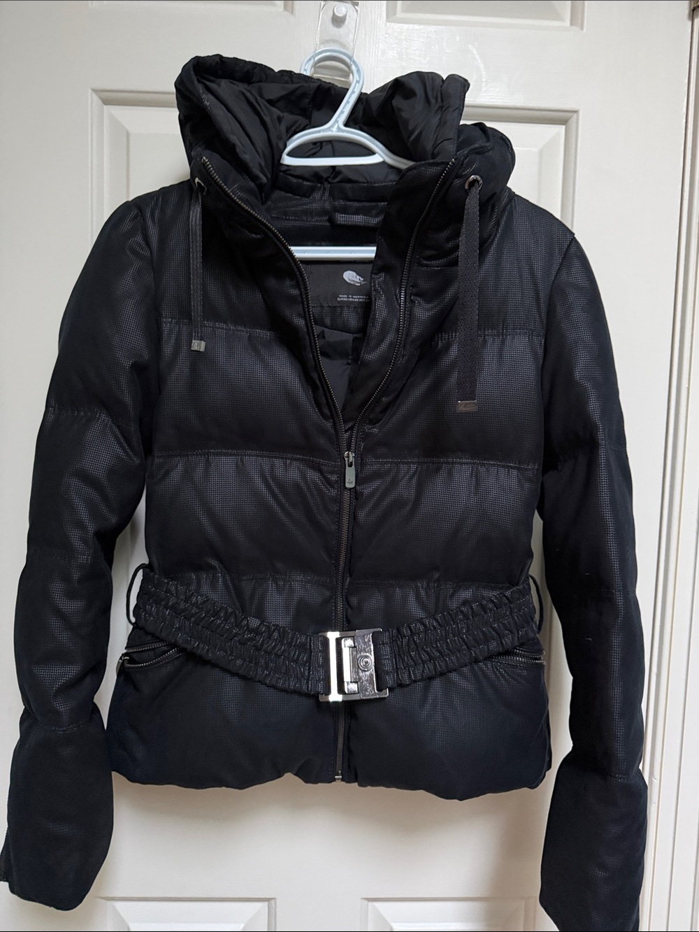 Zara Woman sz XS Black Down Jacket Belted Puffer Style w Detachable Hood